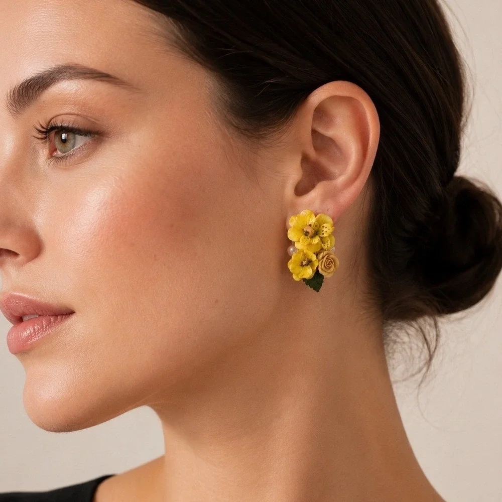 Vintage Yellow Floral‎ Cluster Clip On Earrings Statement Botanical Cottagecore